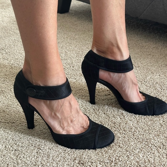 Authentic Chanel black satin heels with round toe and ankle button closure. - Picture 9 of 10